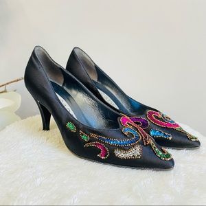 Casadei Vintage Black satin embellished pumps